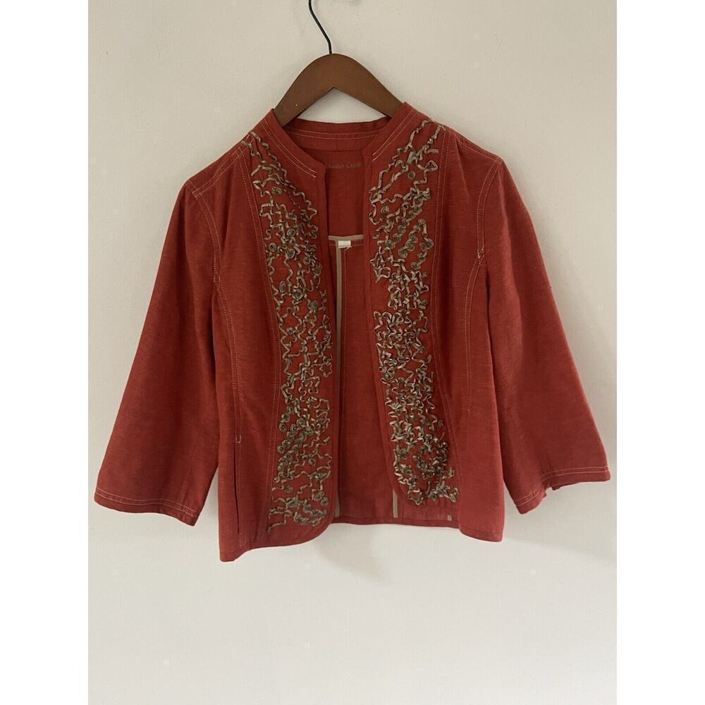 Coldwater Creek Linen Womens Cropped Ribbon Jacket Orange Career Travel Office